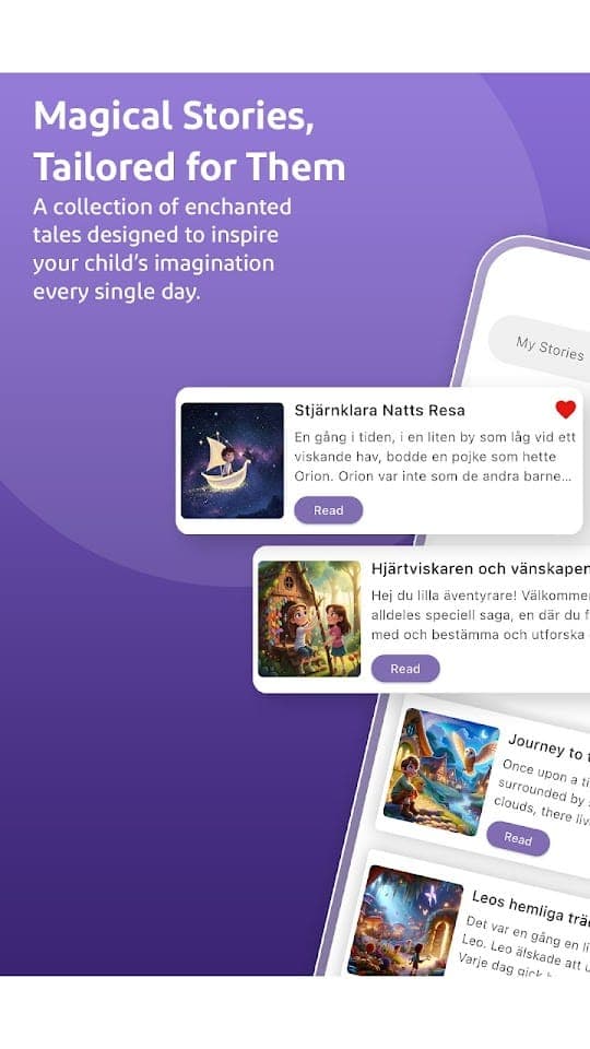 Mastory Android app showing the story collection